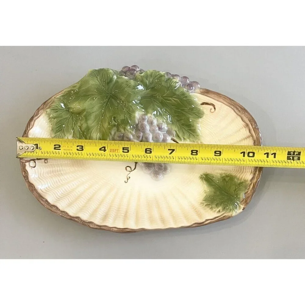 Majolica Platter Grapes 10.5x7.5” Leaves Plate Dish Oval Clamshell Pottery